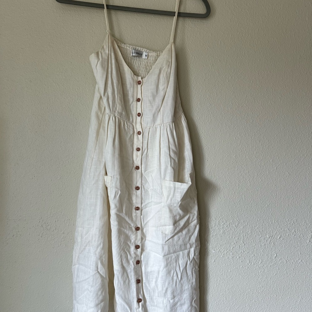 Linen-Blend White Button-Front Spaghetti Strap Dress